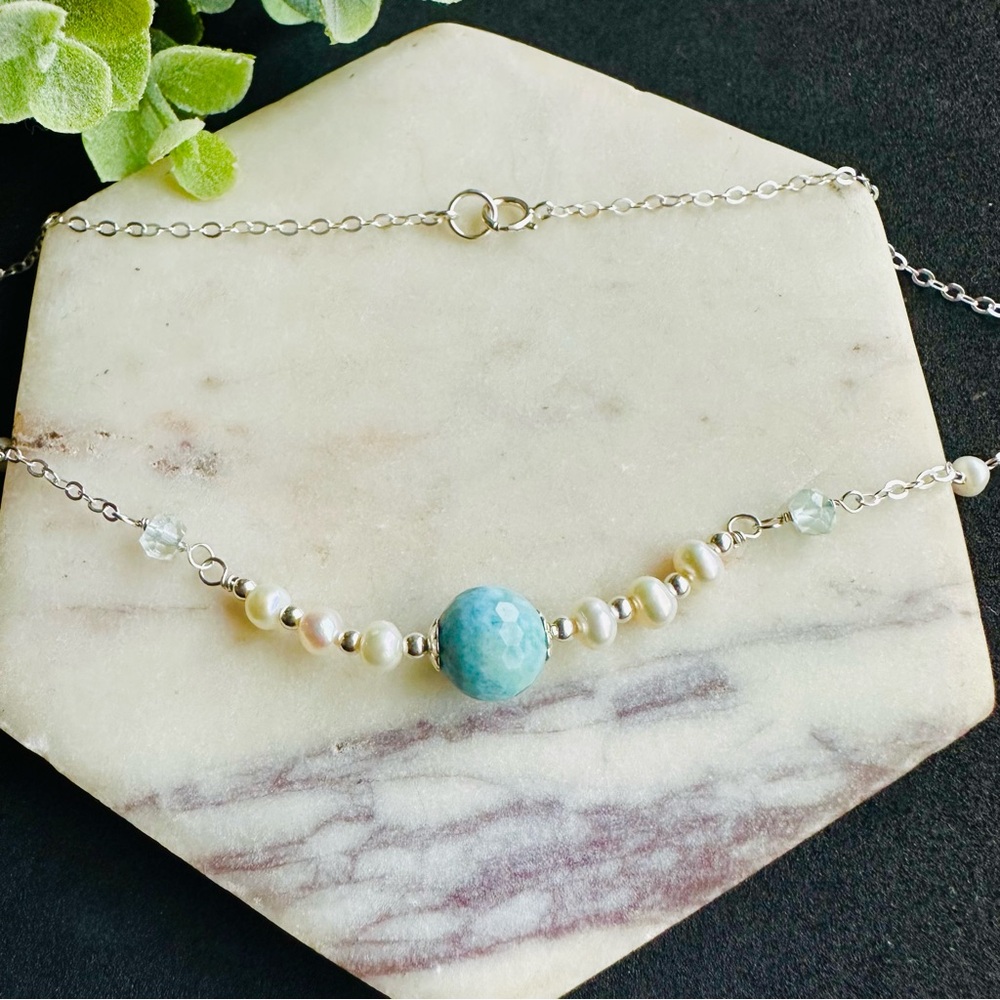 Larimar Pearl Necklace with Aquamarine Beaded Chain Ocean Blue Gemstone Jewelry